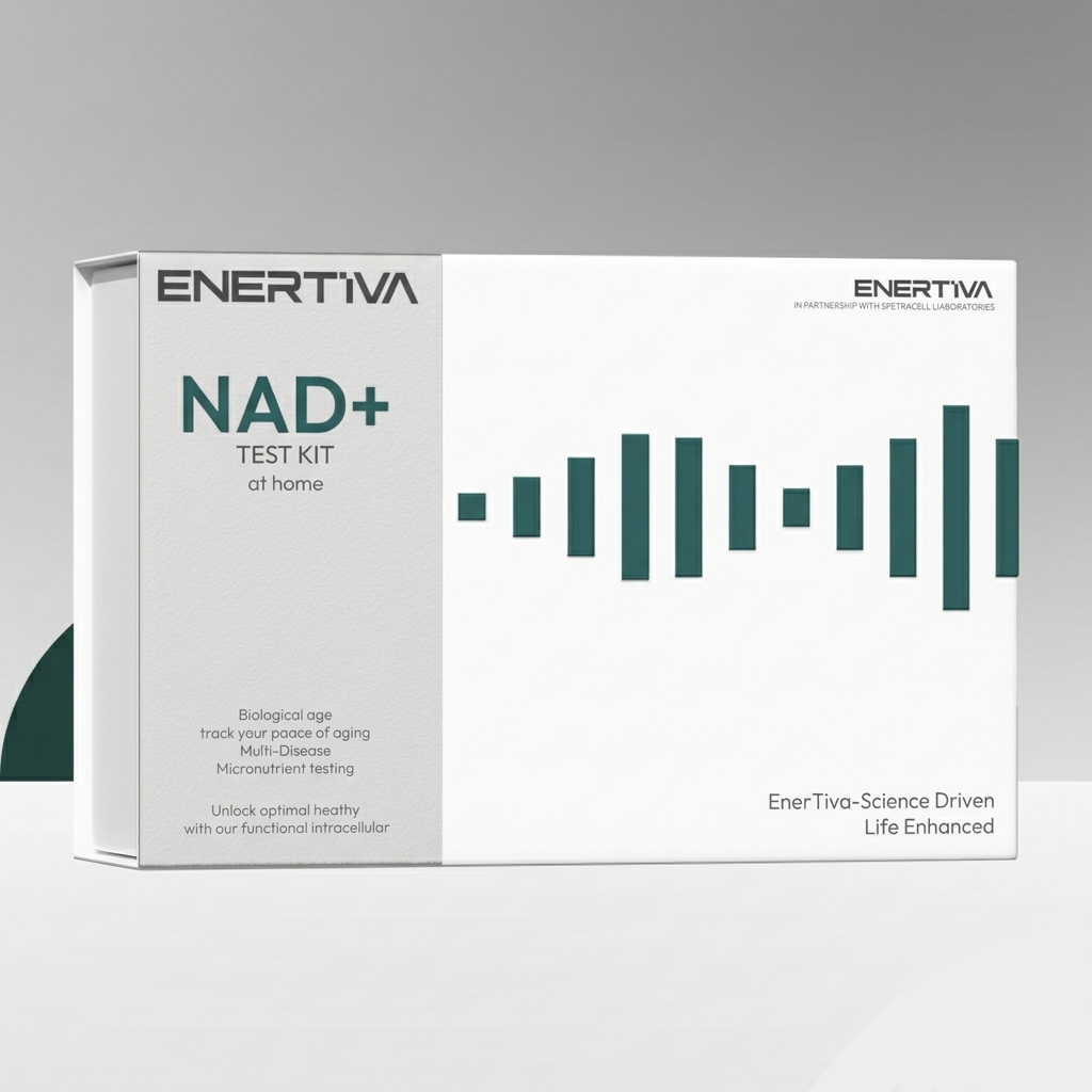 Enertiva NAD+ Test Kit packaging on a gray background